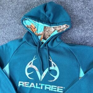 Realtree Hoodie Womens Small Blue Teal Camouflage Antler Logo Fleece Cropped